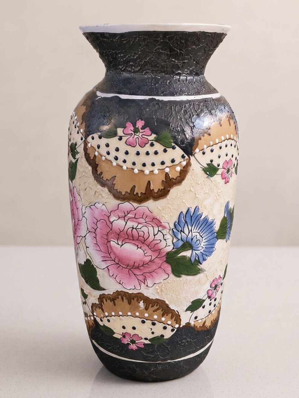 Vintage Hand Painted Floral Ceramic Vase Textured Crackle Glaze Pink Blue 9”